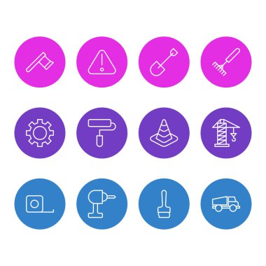 12 inşaat simgeler vektör Illustration. Dişli, Spade, elektrikli tornavida ve diğer öğeleri düzenlenebilir paketi.