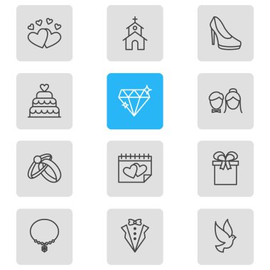 12 nişan simgeler vektör Illustration. Pastane, damat elbise, hediye ve diğer öğeleri düzenlenebilir paketi.