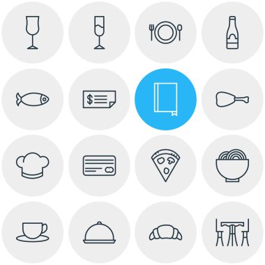 16 yeme simgeler vektör Illustration. Deniz ürünleri, tepsi, rapor ve diğer öğeleri düzenlenebilir paketi.