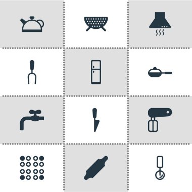 12 Restoran simgeler vektör Illustration. Musluk, Barbekü aracı, ekmek rulo ve diğer öğeleri düzenlenebilir paketi.
