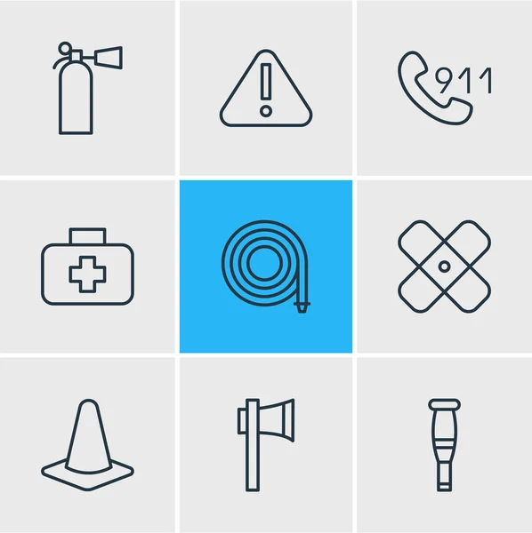 Ilustración vectorial de 9 iconos de emergencia. Paquete editable de seguridad, caso médico, manguera y otros elementos . — Archivo Imágenes Vectoriales