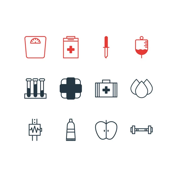 Illustration vectorielle de 12 icônes médicales. Pack modifiable de pesée, anticorps, exigence et autres éléments . — Image vectorielle