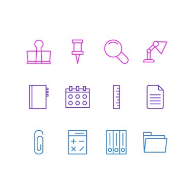 12 araçları simgeler vektör Illustration. Ataç, ders kitabı, metre ve diğer öğeleri düzenlenebilir paketi.