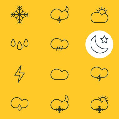 12 hava simgeler vektör Illustration. Düzenlenebilir paket fulminan, güneşli, kar ve diğer öğeleri.