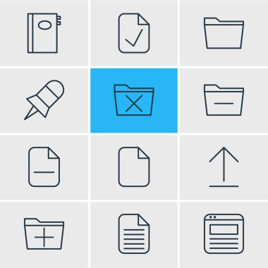 12 çalışma alanı simgeler vektör Illustration. Düzenlenebilir belge, iş, kitap ve diğer öğeleri sürüsü.