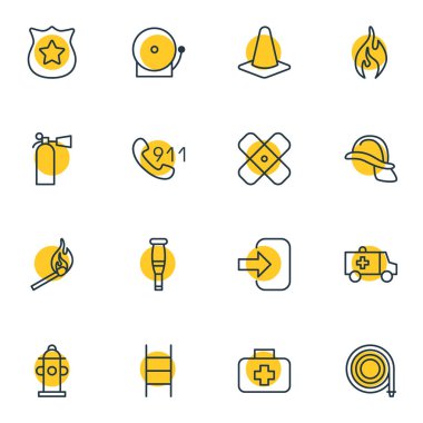 16 zorunluluk simgeler vektör Illustration. Siren, düzenlenebilir paket ilk yardım, yangın ve diğer öğeleri.