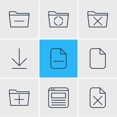 9 büro simgeler vektör Illustration. Eksi, sayfa, kaldır ve diğer öğeleri düzenlenebilir sürüsü.