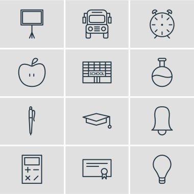12 Eğitim simgeler vektör Illustration. Yazma tablo, ampul, düzenlenebilir Pack hesaplamak ve diğer öğeleri.