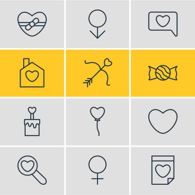 12 Amour simgeler vektör Illustration. Mum, Büyüteç'i, erkek öğelerin düzenlenebilir paketi.