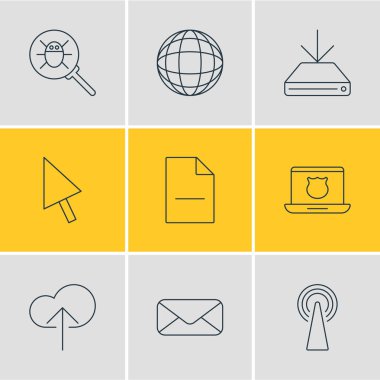 9 Internet simgeler vektör Illustration. Mektup, işaretçi, dünya ve diğer öğeleri düzenlenebilir paketi.