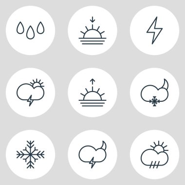 9 Hava simgeler vektör Illustration. Hava, kar tanesi, yıldırım ve diğer öğeleri düzenlenebilir paketi.