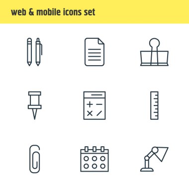 9 aletleri simgeler vektör Illustration. Hesaplama, kalem, ışığı ve diğer öğeleri düzenlenebilir paketi.