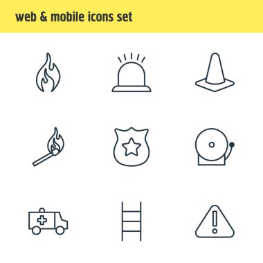 9 acil simgeler vektör Illustration. Alarm, konik, ilk yardım ve diğer öğeleri düzenlenebilir paketi.