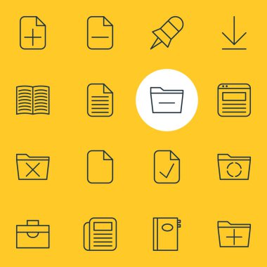 16 Bürosu simgeler vektör Illustration. Düzenlenebilir paket yükleme, artı, ders kitabı ve diğer öğeleri.