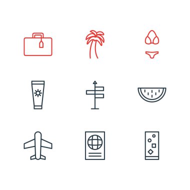 9 yaz simgeler vektör Illustration. Sertifika, bavul, kokteyl ve diğer öğeleri düzenlenebilir paketi.