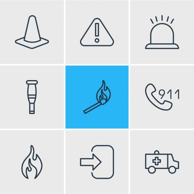 9 acil simgeler vektör Illustration. Yardım hattı, Alarm, yangın ve diğer öğeleri düzenlenebilir paketi.