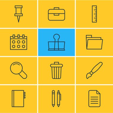 12 aletleri simgeler vektör Illustration. Portföy, dosyası, ciltçi klibini ve diğer öğeleri düzenlenebilir paketi.