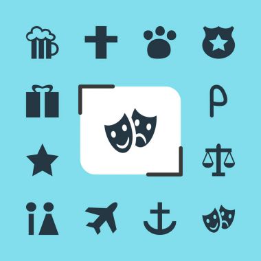 12 seyahat simgeler vektör Illustration. Yer işareti, tuvalet, uçak ve diğer öğeleri düzenlenebilir paketi.