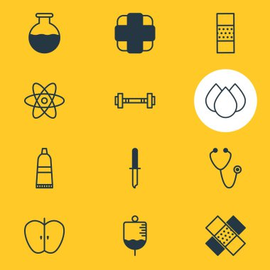 12 tıbbi simgeler vektör Illustration. Nabız, pipet, şişe ve diğer öğeleri düzenlenebilir paketi.