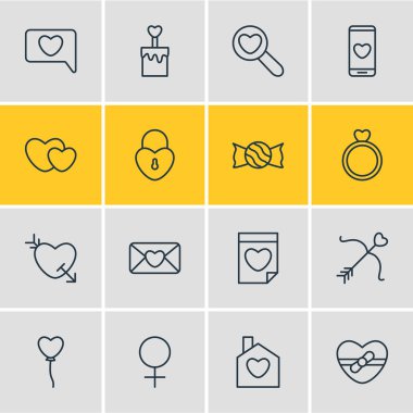 16 aşk simgeler vektör Illustration. Düzenlenebilir paket ev, lolipop, Smartphone ve diğer öğeleri.