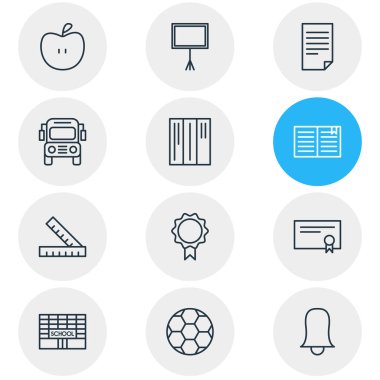 12 Eğitim simgeler vektör Illustration. Kupa, futbol, ders kitabı ve diğer öğeleri düzenlenebilir paketi.