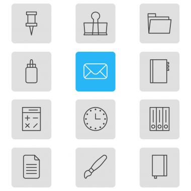 12 aletleri simgeler vektör Illustration. Defterini, düzenlenebilir paket hesaplamak, klasör ve diğer öğeleri.