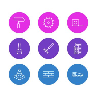 9 sanayi simgeler vektör Illustration. Bariyer, boya fırçası, demir testeresi ve diğer öğeleri düzenlenebilir paketi.