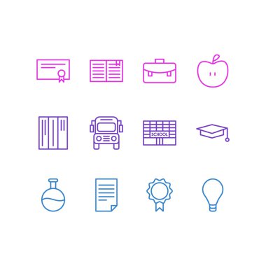 12 çalışmalar simgeler vektör Illustration. Kitaplık, tüp, okul ve diğer öğeleri düzenlenebilir sürüsü.