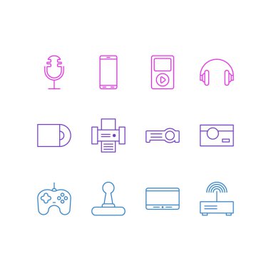 12 teknoloji simgeler vektör Illustration. Modem, Smartphone, fotoğraf ve diğer öğeleri düzenlenebilir paketi.