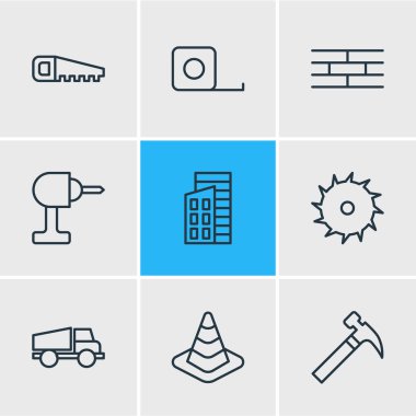 9 inşaat simgeler vektör Illustration. Bariyer, düzenlenebilir Pack baş vurmak, demir testeresi öğeleri.