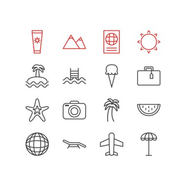 16 yaz simgeler vektör Illustration. Kavun, sorbe, Hill ve diğer öğeleri düzenlenebilir paketi.