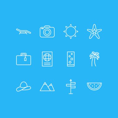 12 yaz simgeler vektör Illustration. Fotoğraf cihazları, kavun, Hill ve diğer öğeleri düzenlenebilir paketi.