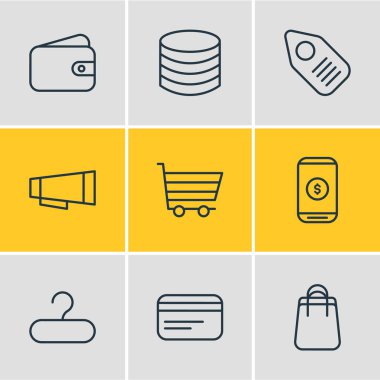 9 ticaret simgeler vektör Illustration. Raf, ödeme, alışveriş düzenlenebilir Pack ve diğer öğeleri.