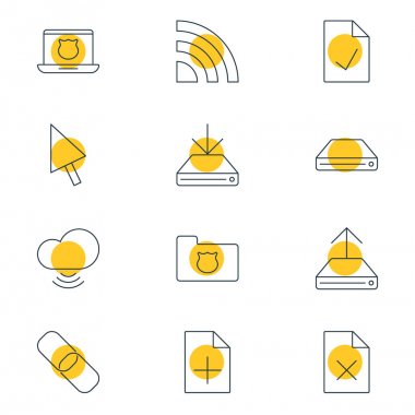 12 ağ simgeler vektör Illustration. Düzenlenebilir paket kontrol Not, kablosuz ağ, Hdd eşitleme ve diğer öğeleri.