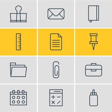 12 ileti örneği simgeler vektör Illustration. Düzenlenebilir sürüsü ataç, defterini, hesaplamak ve diğer öğeleri.