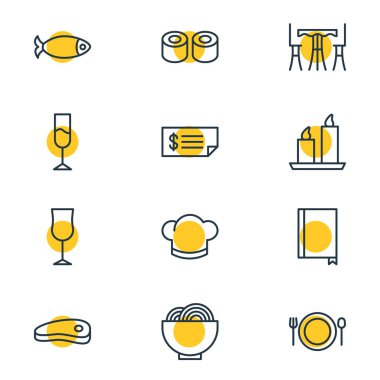 12 yeme simgeler vektör Illustration. Gıda, şarap, bardağı ve diğer öğeleri düzenlenebilir paketi.
