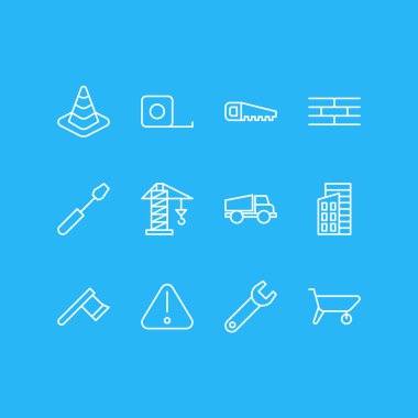 12 inşaat simgeler vektör Illustration. Düzenlenebilir yol işaret, sürüsü ölçmek bant, bariyer ve diğer öğeleri.