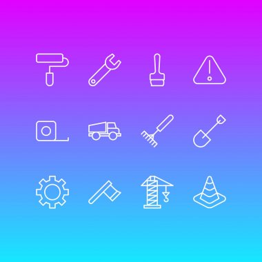 12 yapısını simgeler vektör Illustration. Kamyon, İngiliz anahtarı, balta ve diğer öğeleri düzenlenebilir paketi.