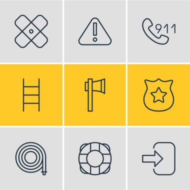 9 acil simgeler vektör Illustration. Rozet, ünlem, telefon hattı ve diğer öğeleri düzenlenebilir paketi.