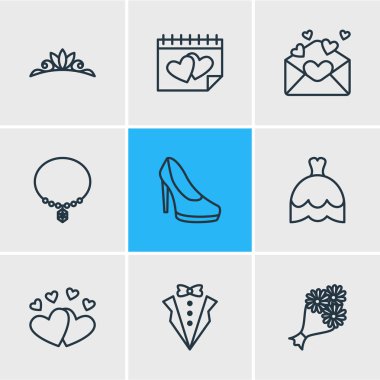 9 nişan simgeler vektör Illustration. Kartı, gelinlik, takı ve diğer öğeleri düzenlenebilir paketi.