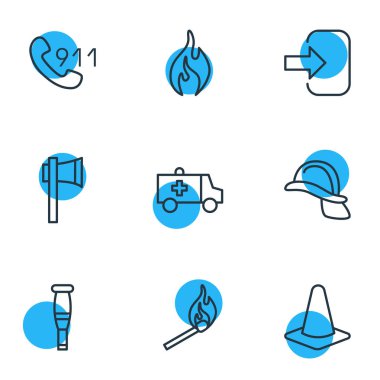 9 çok simgeler vektör Illustration. Yangın, Ax, telefon hattı ve diğer öğeleri düzenlenebilir paketi.