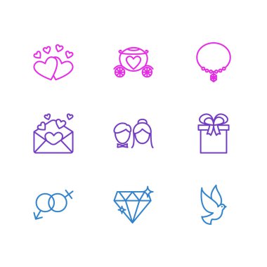 9 evlilik simgeler vektör Illustration. Güvercin, kart, parlak ve diğer öğeleri düzenlenebilir paketi.