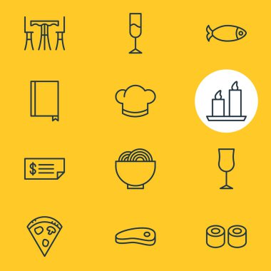 12 Restoran simgeler vektör Illustration. Kase, pastırma, sucuk ve diğer öğeleri düzenlenebilir paketi.