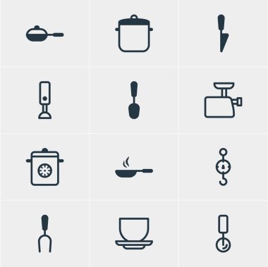 12 pişirme simgeler vektör Illustration. Barbekü aracı, çorba Pan, Mincer ve diğer öğeleri düzenlenebilir paketi.
