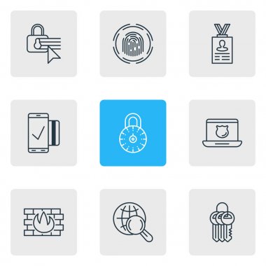 9 veri simgeler vektör Illustration. Hesap verileri, gizlilik seçenekleri, parmak tanımlayıcısı ve diğer öğeleri düzenlenebilir sürüsü.
