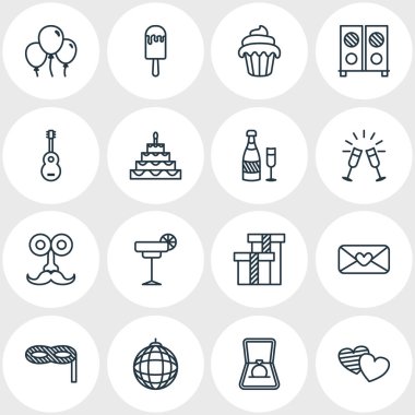 16 Ziyafet simgeler vektör Illustration. Maskeli balo, kalp mektup, Fizz ve diğer öğeleri düzenlenebilir paketi.