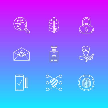 9 güvenlik simgeler vektör Illustration. Kodlayıcı, kolay ödeme, telif hakkı ve diğer öğeleri düzenlenebilir paketi.