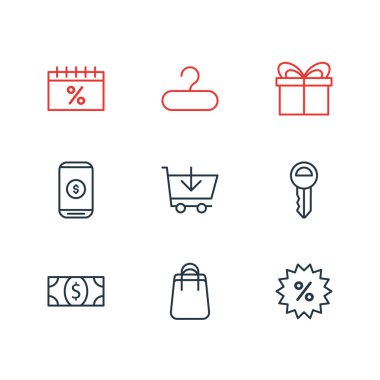 9 toptan simgeler vektör Illustration. Düzenlenebilir paketi hediye, satış, raf ve diğer öğeleri.