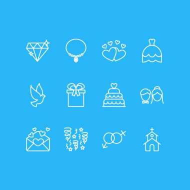 12 düğün simgeler vektör Illustration. Düzenlenebilir paketi hediye, cinsellik sembolü, kartı ve diğer öğeleri.