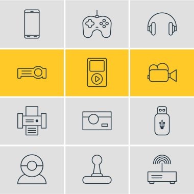 12 teknoloji simgeler vektör Illustration. Oyun denetleyicisi, Usb kartı, Modem ve diğer öğeleri düzenlenebilir sürüsü.